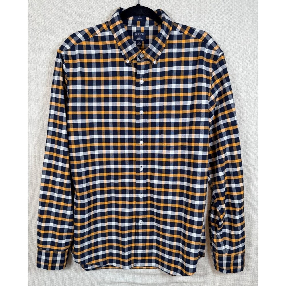 J.Crew Slim Flex Oxford Shirt Sz L Blue Gold Plaid Preppy Heritage DarkAcademia